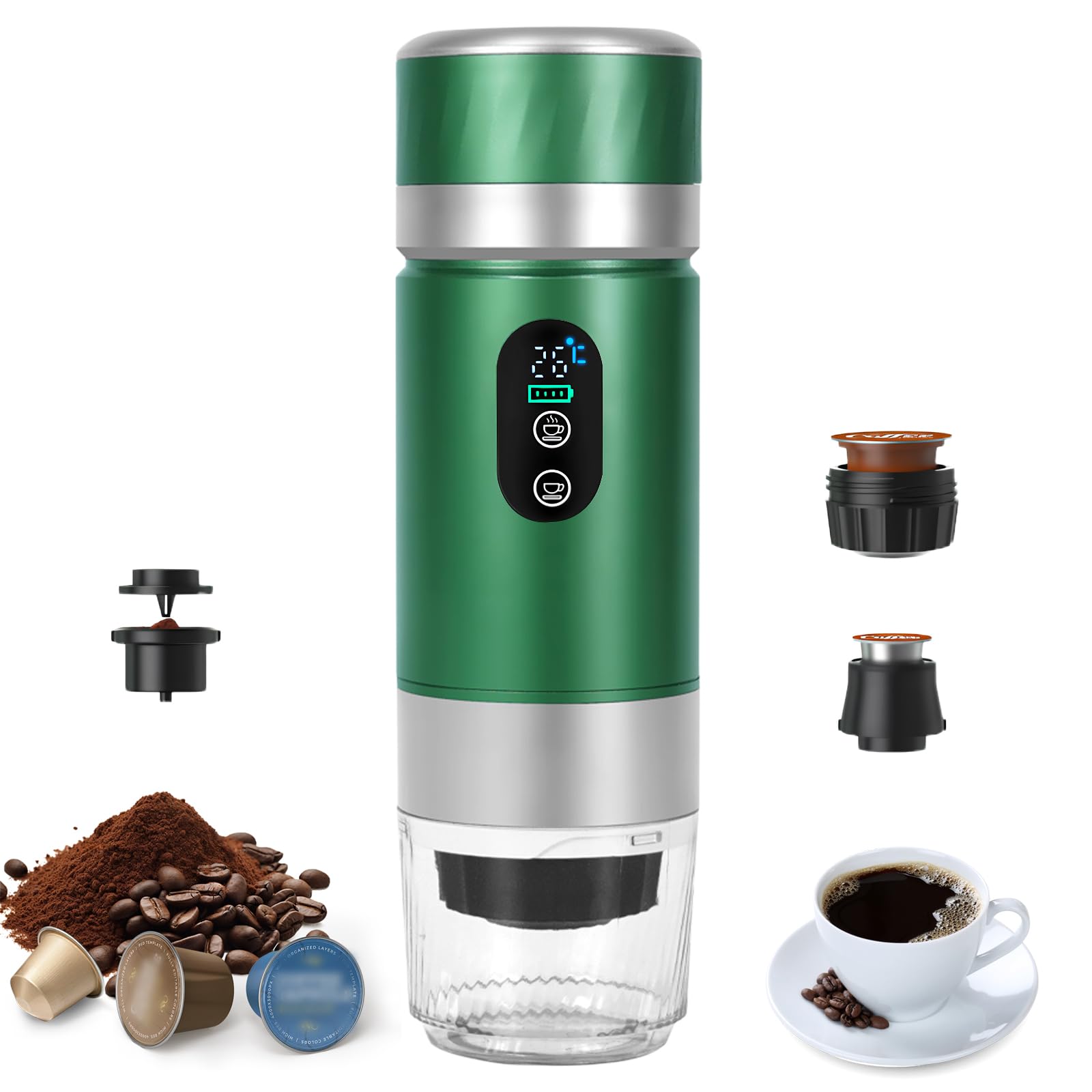 Bostar Máquina de Café Portátil, 3 en 1 Eléctrica Portátil Expreso Recargable Cafetera Espresso Pantalla Digital Temperatura para Cápsulas Pequeñas o Grandes y Café Molido para Oficina Viaje Camping