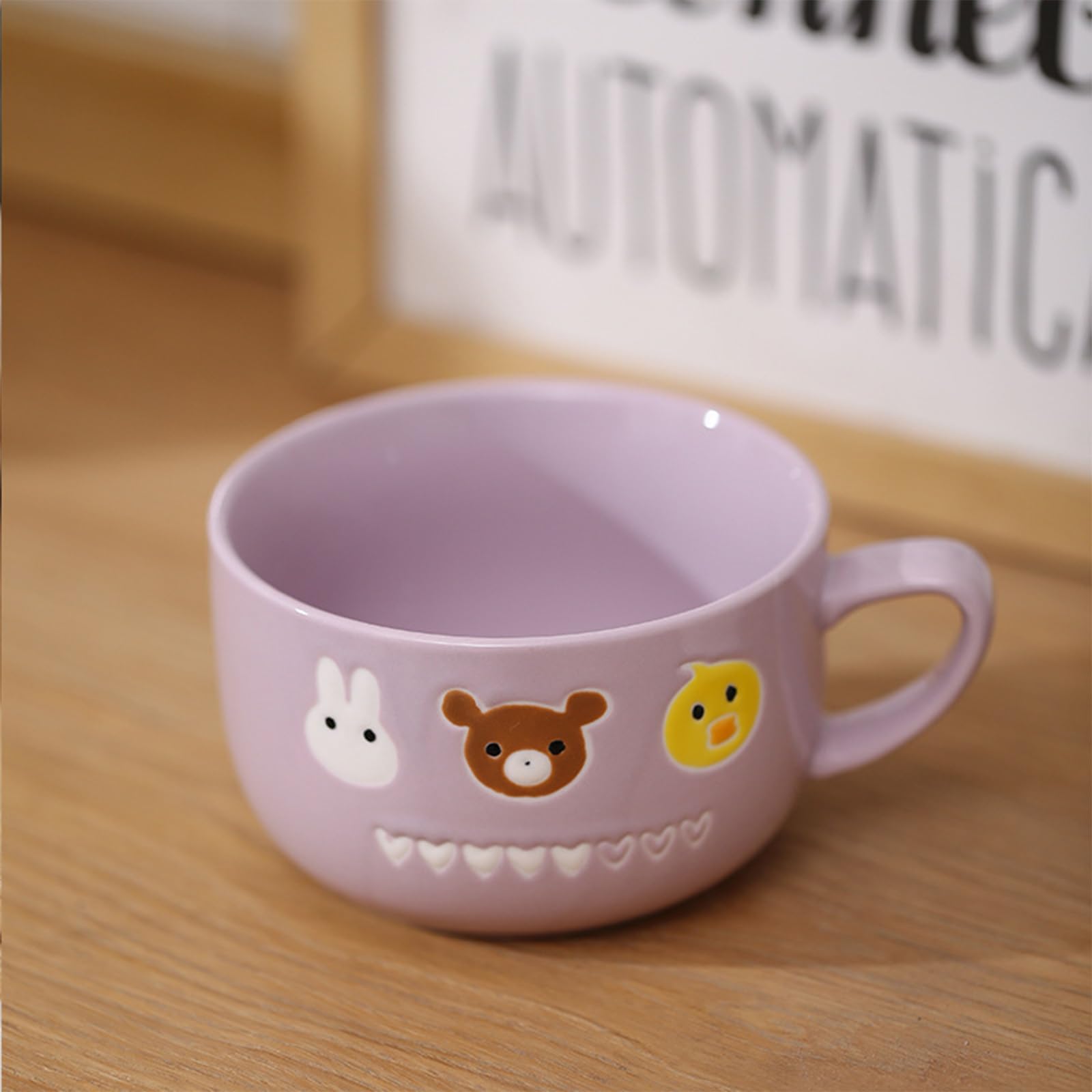 Soulnioi Ceramic Coffee Mug, Cute Bear Cappuccino Cup with Lid, 400ML Breakfast Oatmeal Cup Tea Milk Cup for Gift - Purple - Image 4