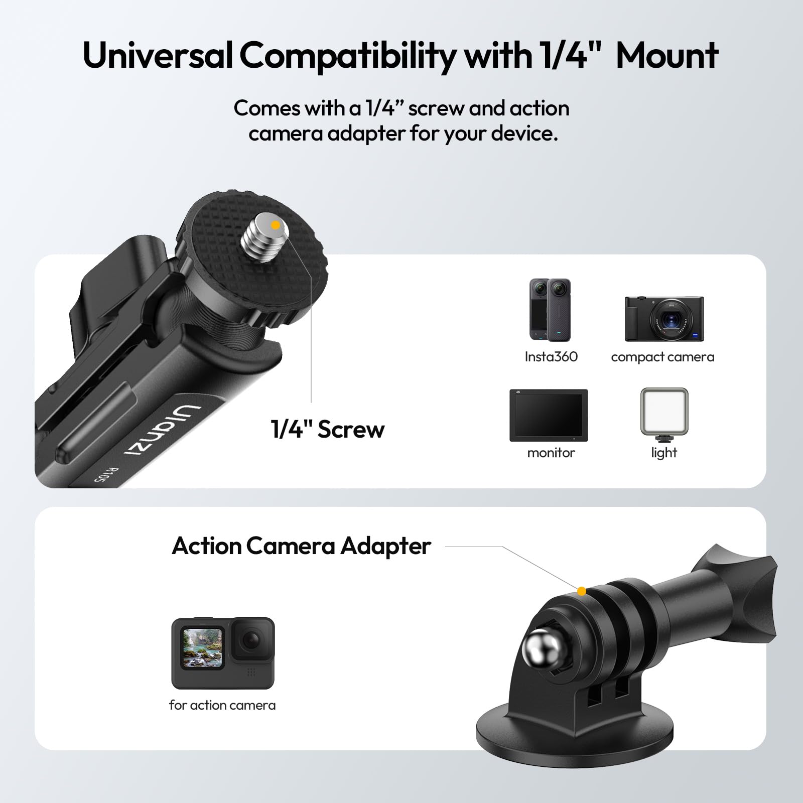 ULANZI R105 Support pour caméra avec Conception à Trois Griffes, Double tête sphérique à 360° avec vis 1/4, Adaptateur pour Smartphone/caméra d'action, Compatible avec GoPro Max Hero 13/12/11/10/9