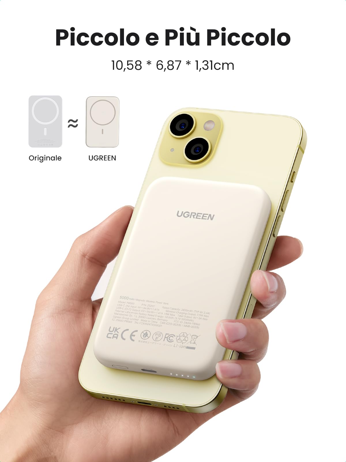 UGREEN Nexode Power Bank Magnetico 5000mAh, Caricatore Portatile PD 15W con Cavo USB C, Batteria Esterna Wireless Compatibile con iPhone 17 Pro Max Air/16/15/14/13/12/Mini Plus Pro Max(Bianco)