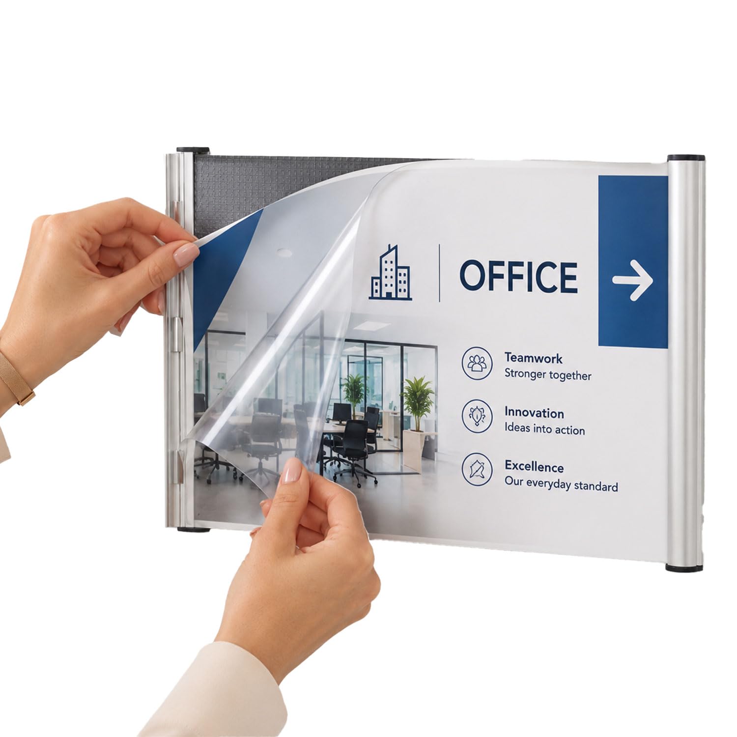 Wonderwall A4 Directional Sign Holder, 151 x 239 mm, Flexible Poster Frame for Flat & Curved Surfaces, Easy Wall-Mount with Self-Adhesive Backing โ Economical & Durable