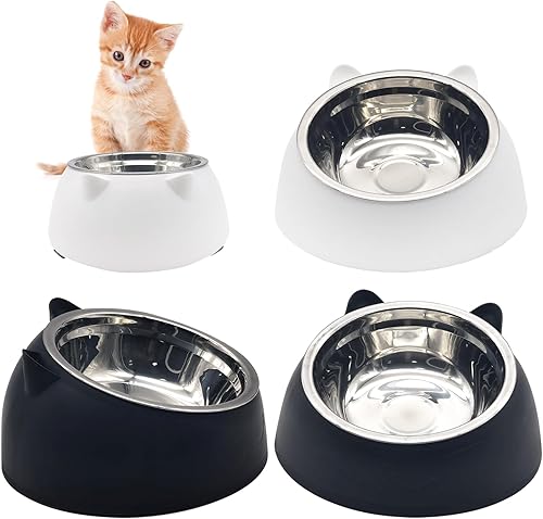 Hamiledyi Cuencos elevados para gatos, 4 cuencos inclinados de acero inoxidable 15 elevados, a prueba de derrames, antivómitos, desmontables para