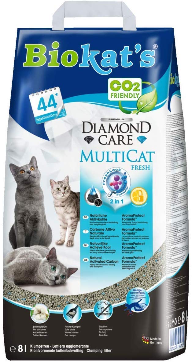 [Biokat S Diamond Care Multicat] hochwertige Klumpdiffusion für Katzen mit Aktivkohle und Cotton Blossom Duft / 3 Beutel