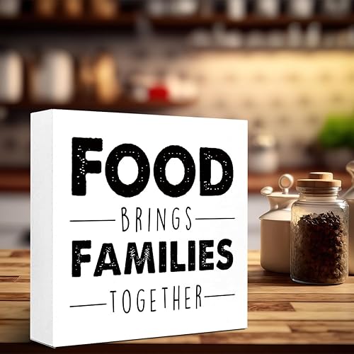 Miniatura 6 de LVQHI Letreros divertidos de caja de madera para cocina, letrero de bloque de madera con texto en inglés "Food Brings Families Together", decoración