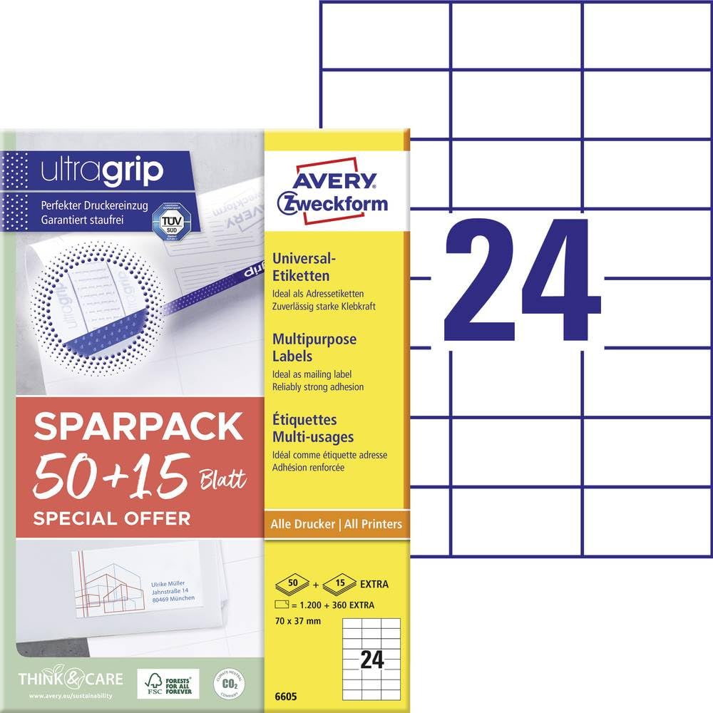 AVERY Zweckform 6605 Address Labels (1,200 Plus 360 Extra Adhesive Labels, 70 x 37 mm on A4, Matte Paper, Printable Sender Labels, Self-Adhesive Address Labels with Ultragrip), 65 Sheets, White