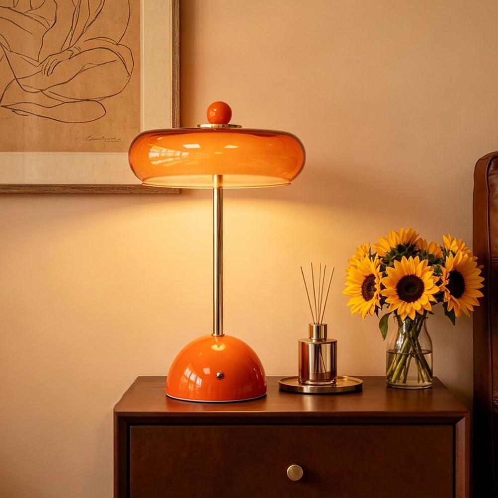 AoLa Tischlampe Orange Kabellos Pilzlampe Akku Tischleuchte Dimmbar Touch Lampe USB Aufladbar Batterie Nachttischlampe Ohne Kabel 3000K-6000K Orange Pilz Lampe Tragbare Vintage Lampe