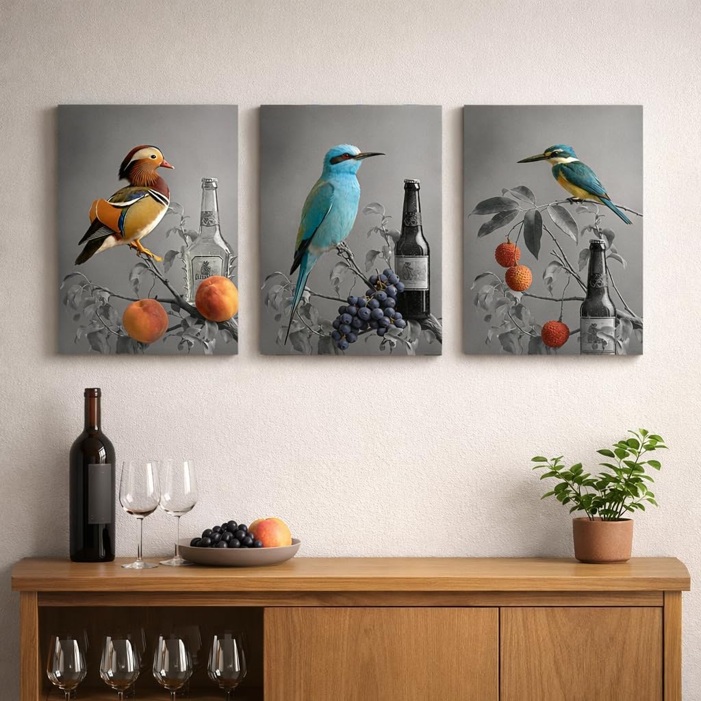 Modern Bird Canvas Wall Art Set of 3, 12×16 Inch Vertical Colorful Birds with Fruit Still Life Prints, Gray Background Artistic Wall Decor for Dining Room Kitchen Hallway (Grey)