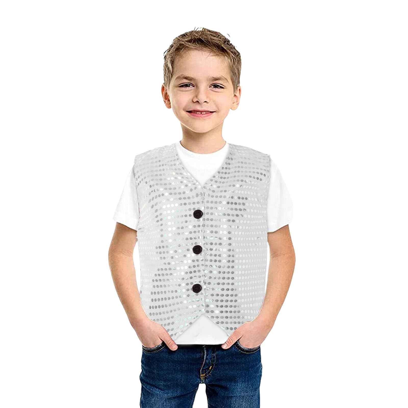 Unisex Sequin Vest Waistcoat Dance Party Show Costume Boys Girls UK Jacket Top Kids Shiny Sequin Dance Vest Jazz Hip Hop Ballet Dance Performance Costume for Party Fancy Dress Up Hip Hop Jazz Silver