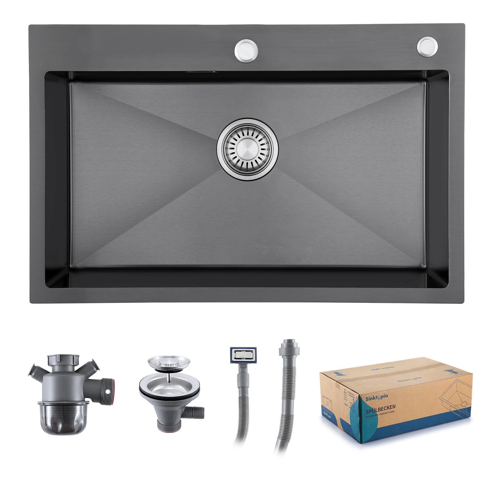 Kitchen Sink with Waste Kit, 2 Tap Holes Stainless Steel 304 Thick Deep Basin Single Bowl, Sinks with Strainer Overflow for Home Kitchen Campervan Utility Room Bar Nano Black 70×45 cm