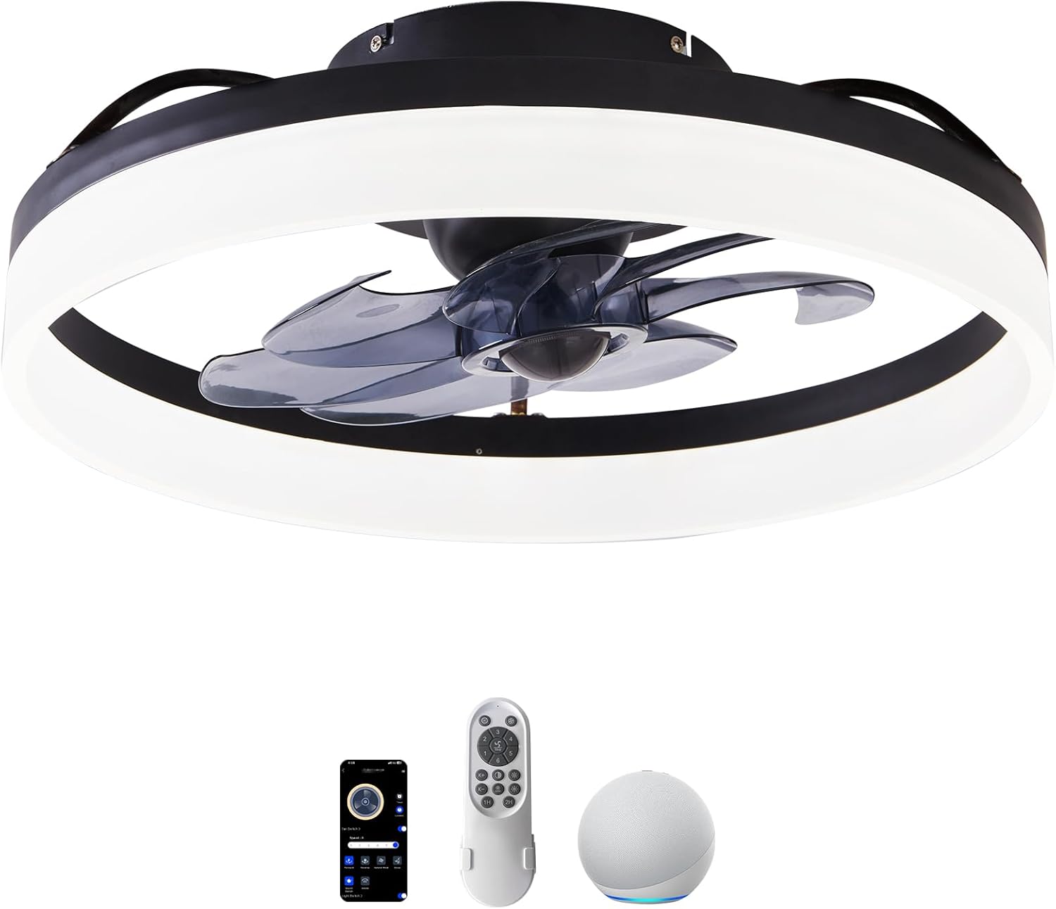 LED Ceiling Fan, 20" Low Profile Ceiling Fan with Lights and Remote, 6 Speeds, Dimmable 3000K–6500K LED, App & Remote Control, for Bedroom/Kitchen/Living Room, Black