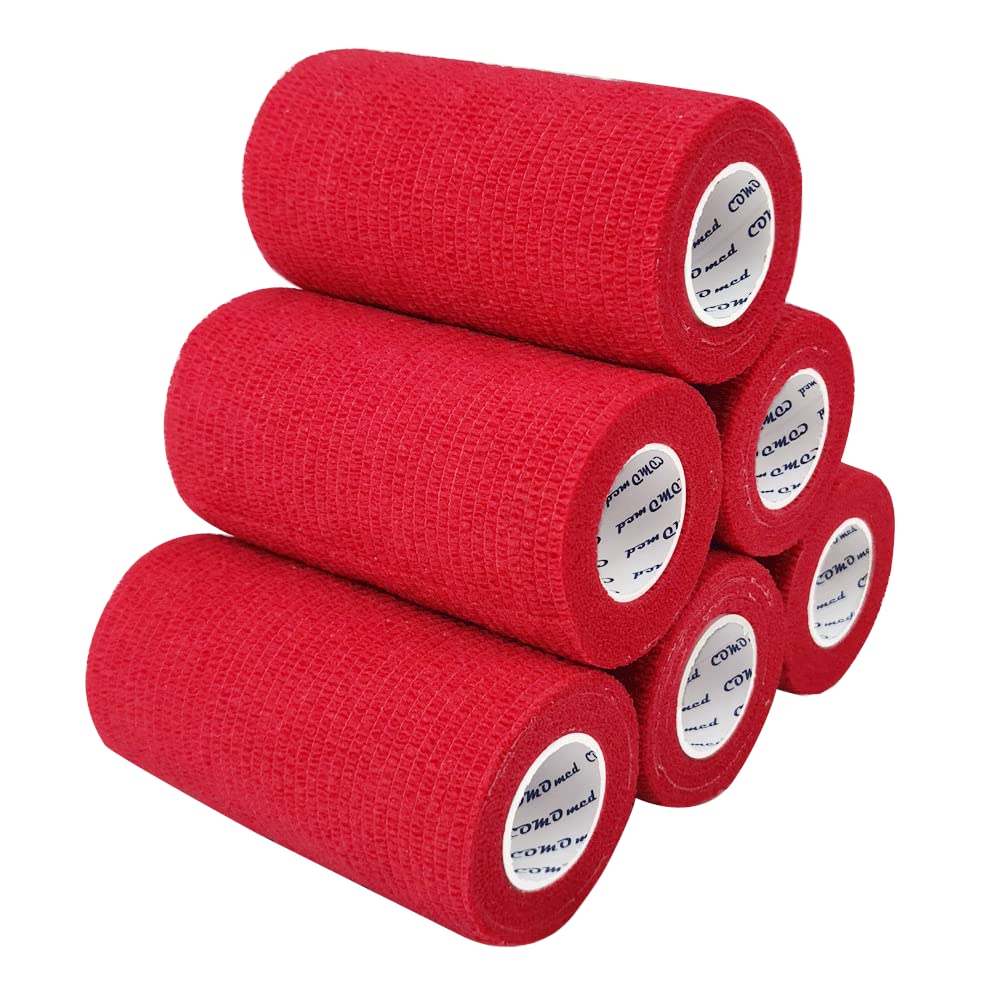 6 Rolls Cohesive Bandage 10 cm X4,5 cm Red, Flexible Bandage, Non-Woven Cohesive, Athletic Tape, Fat Wrap, Wraps Bandage, Suitable for Sensitive Ski…