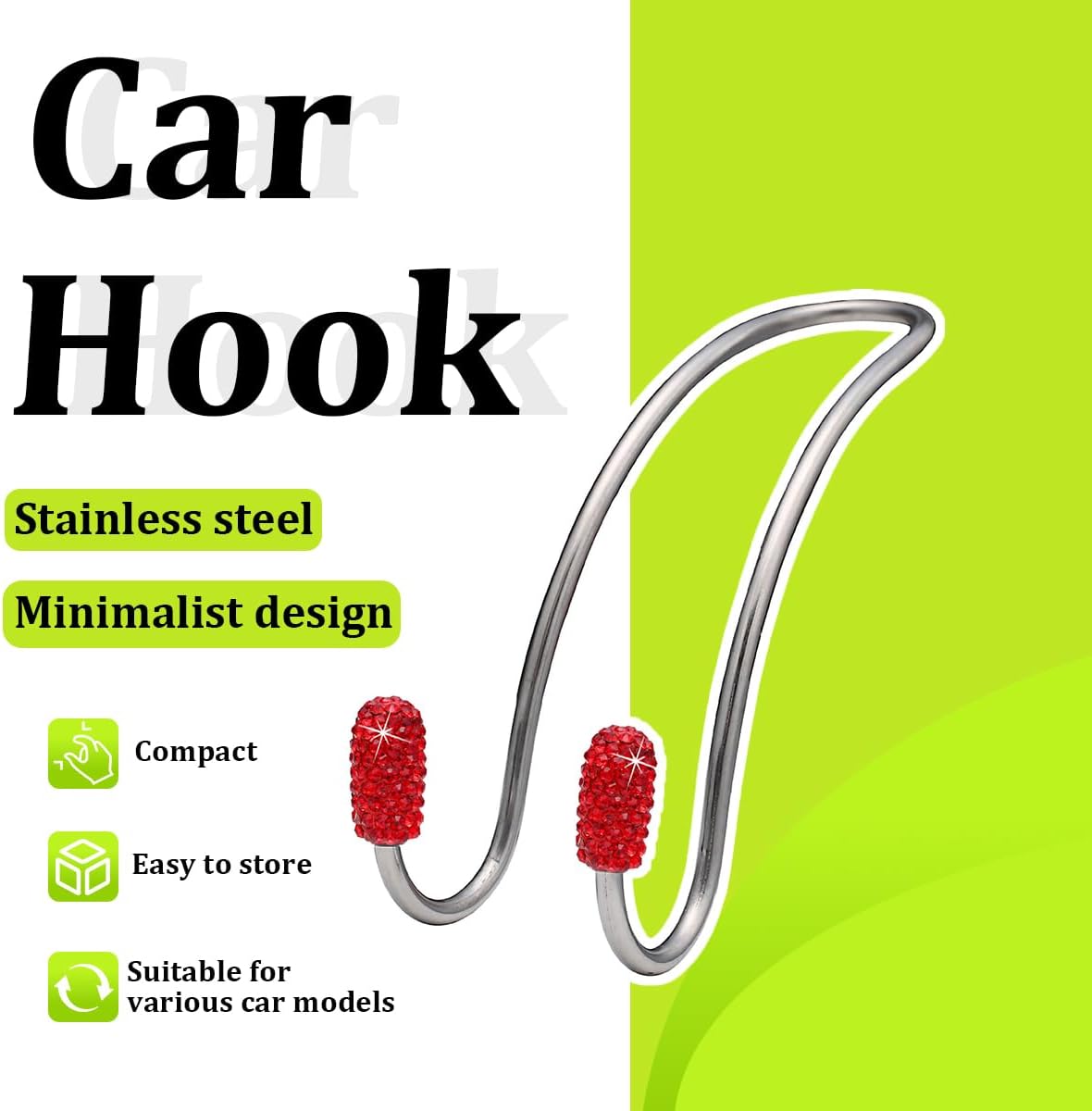 2PCS Bling Car Headrest Hook, Crystal Rhinestone Stainless Steel Seat Storage Purse Hanger for Bag Hat Coat, Cute Diamond Automotive Seat Back Hook Holder, Universal Fit (Red) image 4