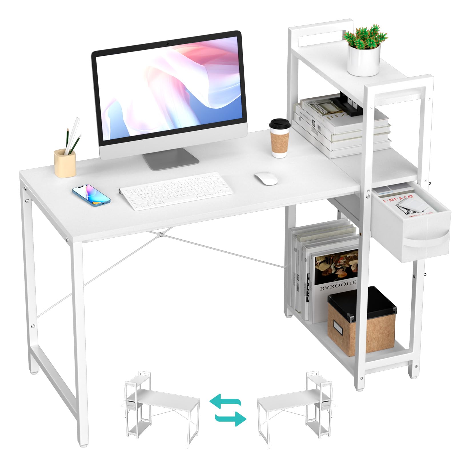 Rangement Bureau d'angle pour Ordinateur avec Tiroir et Étagères, Plateau 120 x 50 cm, Hauteur Ergonomique 75 cm, Idéal pour Télétravail, Études et Vidéo, Blanc