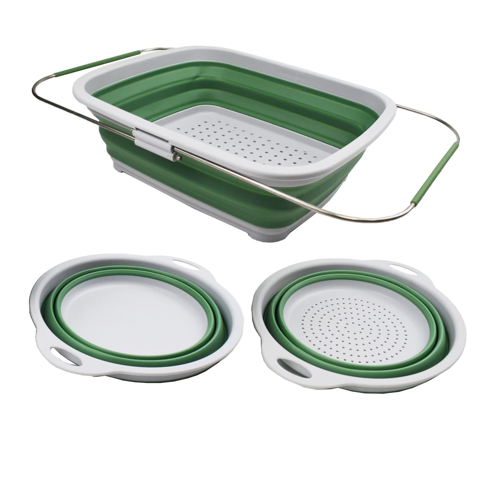 SAMMART COMBO - Collapsible & Expandable Basket & Colander & Bowl - Perfect Outdoor & Picnic - Space Saving (Basket + Colander + Bowl, Dark Sea Green)
