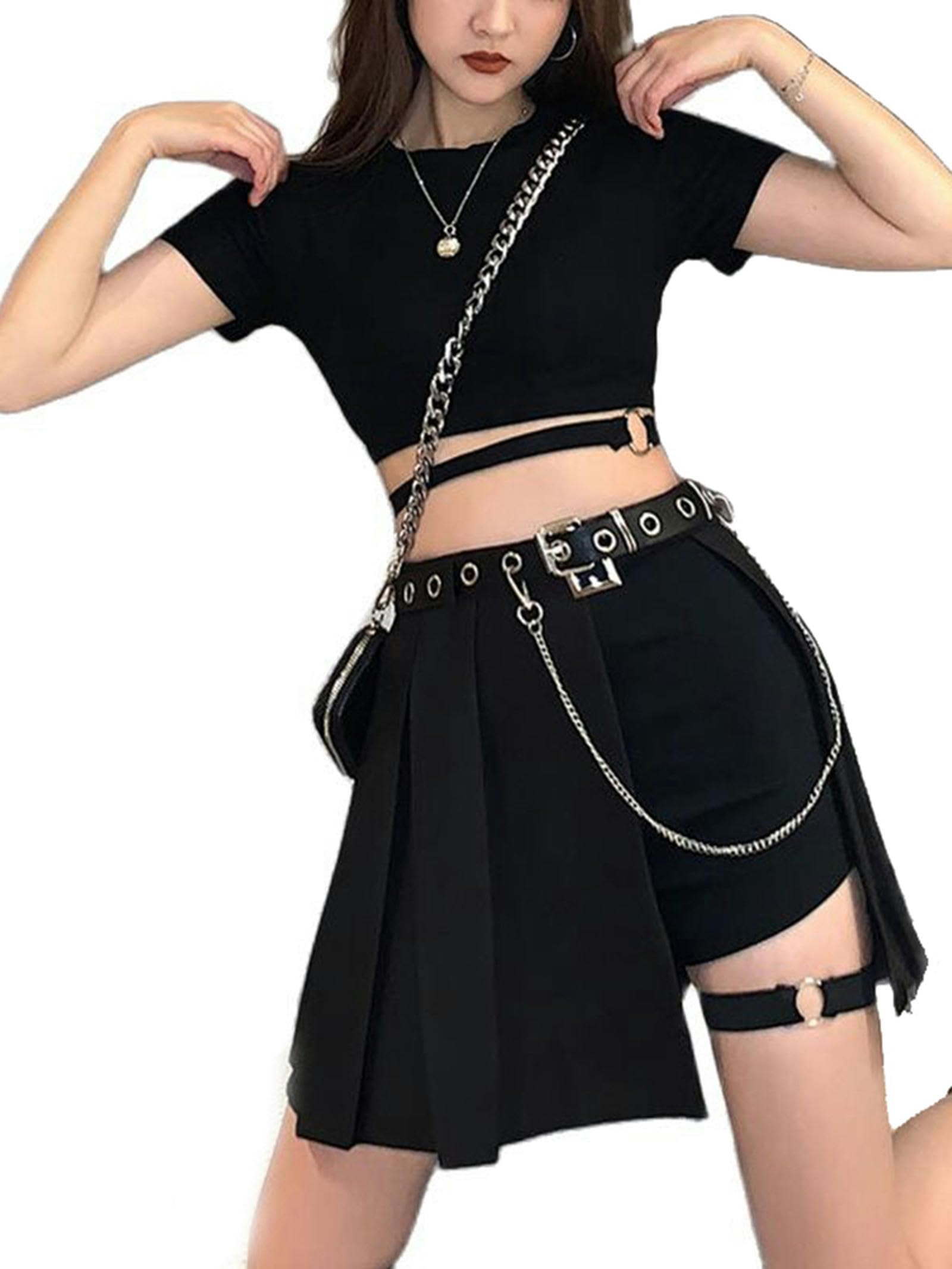 Sommer Y2K Cool Girl Hip Hop Zweiteiliges Rock-Set Streetwear Harajuku Kette Crop Top + Mini-Faltenrock-2 Stück-M