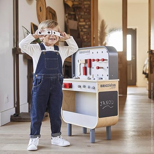 Miniatura 4 de Janod Brico'Kids J06476 - Banco de trabajo de madera reversible, tablero de herramientas magnético de 30.5 pulgadas, juego de doble cara, incluye 34