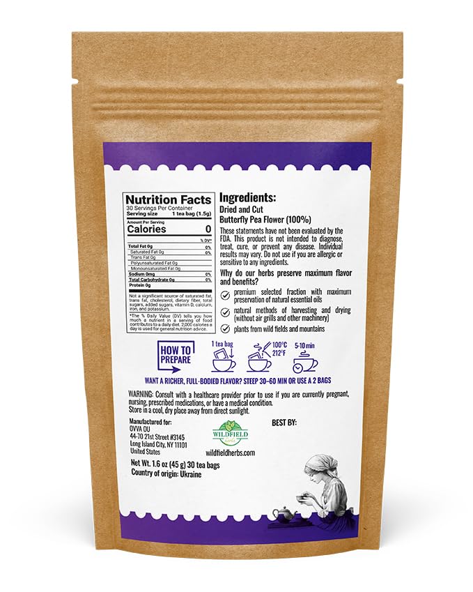 Image of 30 Bags Butterfly Tea Blue Butterfly Pea Flower Herbal Tea (Clitoria Ternatea) - 30 Count 1.5g Bags Te Azul Anchan