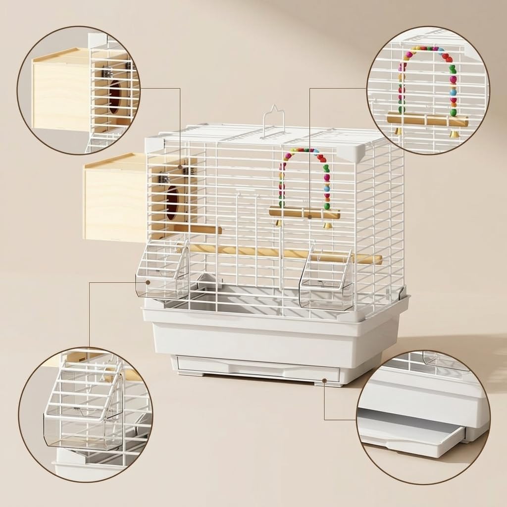 Jaula Aves Metálica Gran con Grados, Jaulas para Pájaros con Banja Extraíble, para Periquitos, Blanco, Paquete B, Blanco