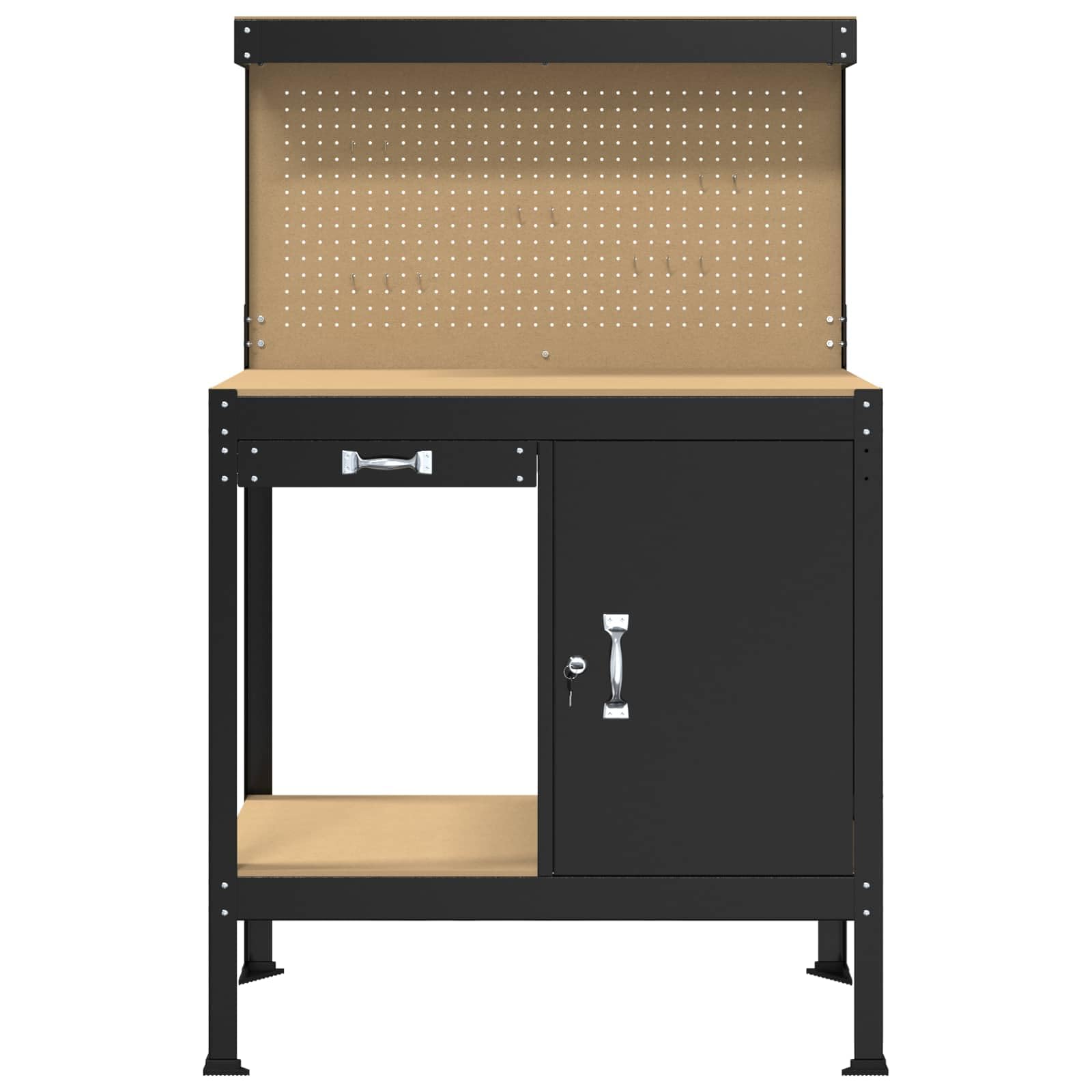 Banco da lavoro nero, 90 x 49 x 141 cm, in compensato e metallo, con cassetto, parete forata, ripiano, sistema di organizzazione stabile per officina, garage, sala hobby, fai da te, spazio per