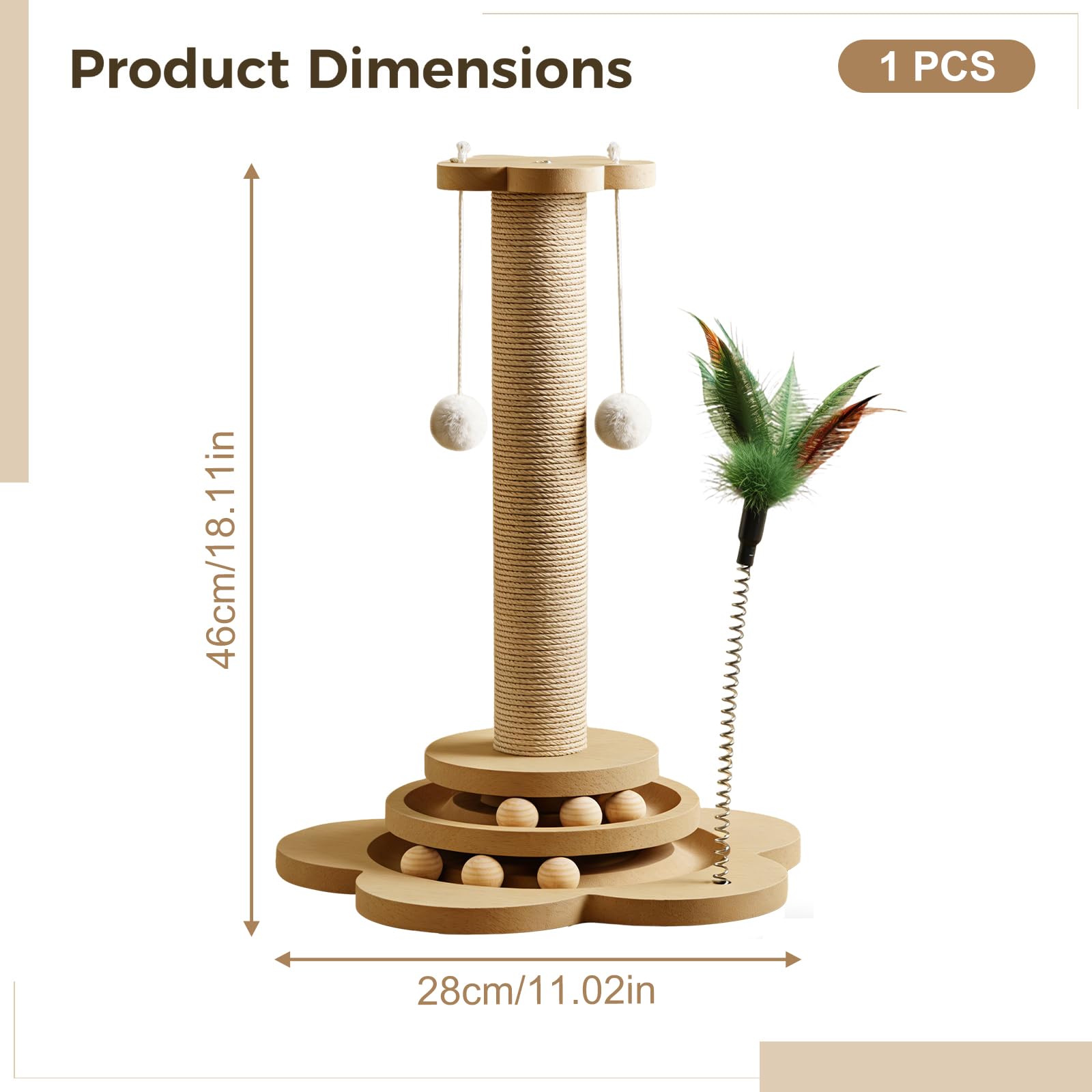 Griffoir pour Chat en Bois Massif de 46 cm, recouvert de sisal, avec balles roulantes et plumeau, Arbre à gratter interactif pour Jouer, griffer et se Reposer, protège Les Meubles