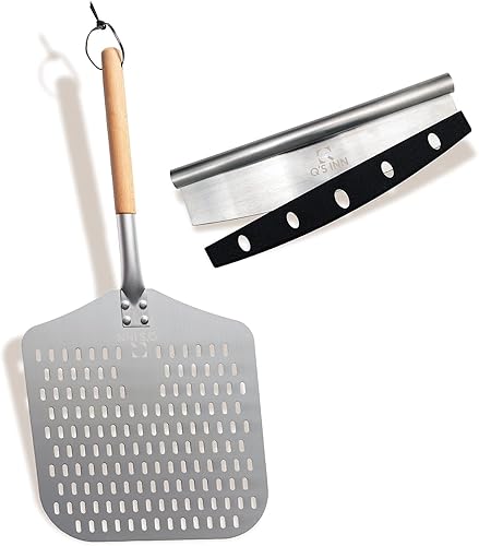 Qs INN - Pelar de pizza perforada de 12 x 14 pulgadas de aluminio anodizado y pelar de afinación de pizza El juego perfecto para tu pizza casera