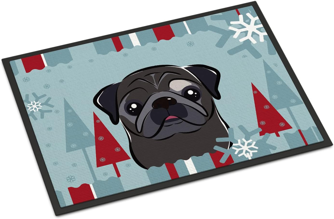 Caroline's Treasures BB1759JMAT Winter Holiday Black Pug Doormat 24x36 Front Door Mat Indoor Outdoor Rugs for Entryway, Non Slip Washable Low Pile, 24H X 36W