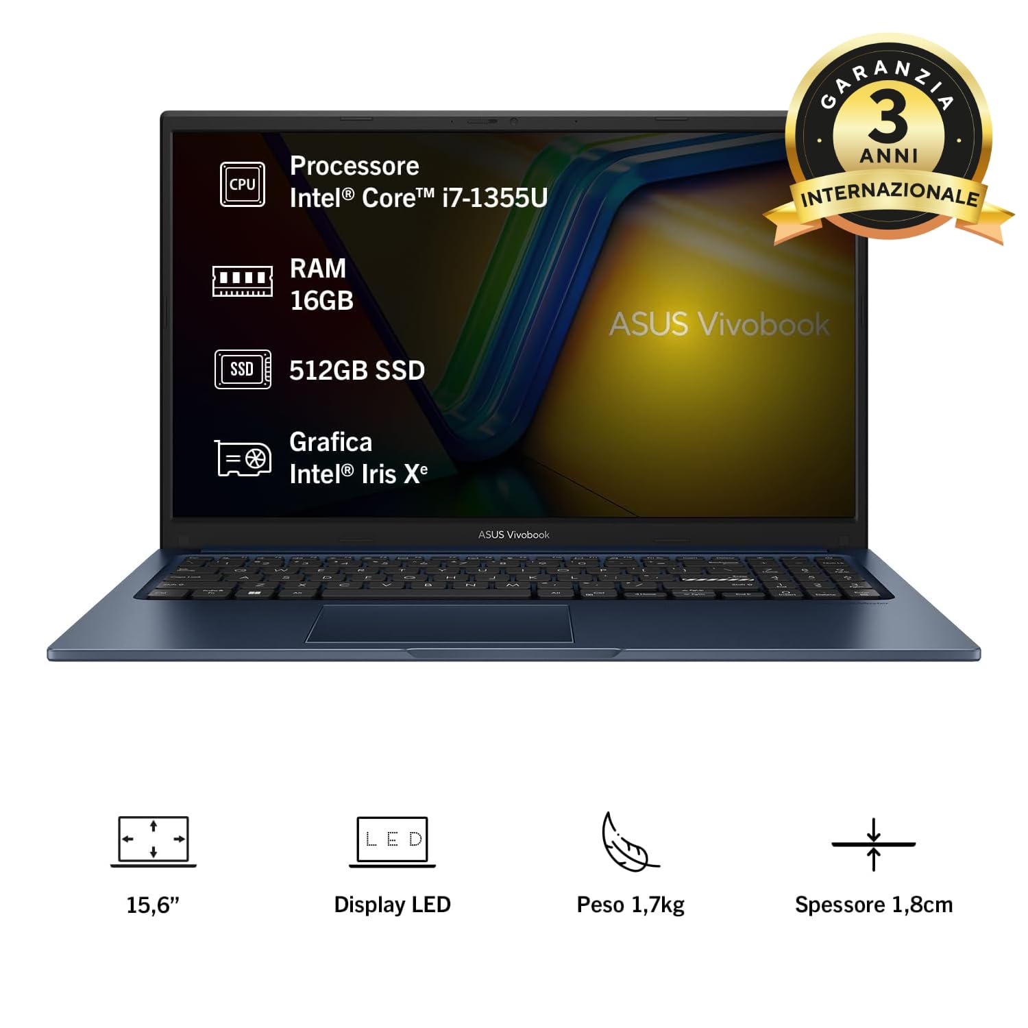 ASUS Vivobook 15 F1504VA#B0DPG2BX31, Notebook con Monitor da 15.6" Anti-glare, 60Hz, Intel 13 gen Core™ i7-1355U, RAM 16GB, 512GB SSD, grafica Intel Iris Xe, Windows 11 Home, Blu
