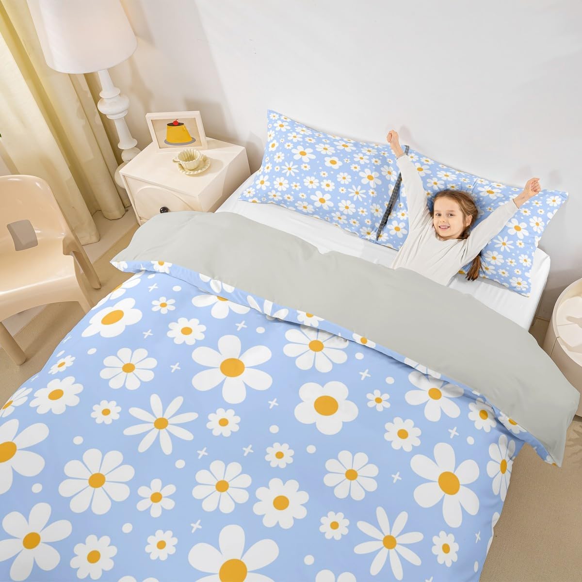 jejeloiu Daisy Flower Bedding Set for Kids Boys Girls Groovy Floral Comforter Cover Full Size Retro Floral Boho Duvet Cover Bedroom Decor Breathable Soft Lightweight Microfiber Light Blue 3Pcs