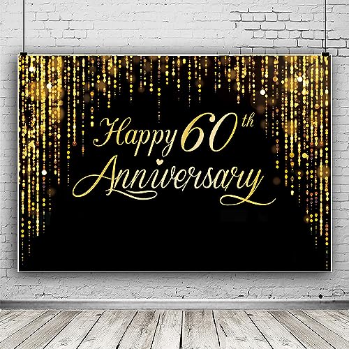 Image of Happy 60th Annverisary Background Decorations Black Gold Backdrop Banner, Large Black Gold Photography Background Suitable for Wedding Anniversary Party Birthday Party Decoration 84 * 60''