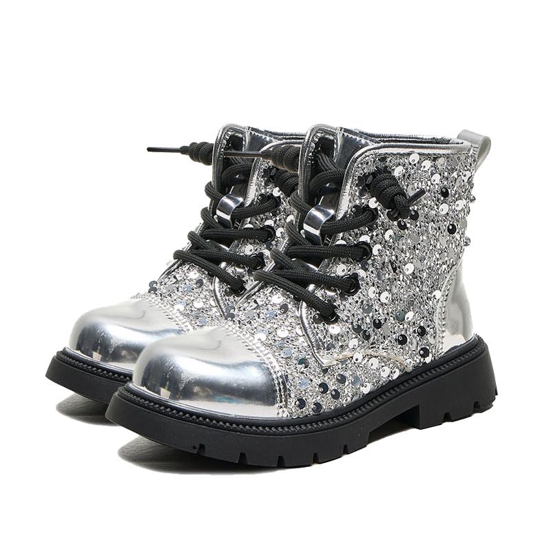 Girls shining Ankle Boots Side Zip Comfort Non-Slip Boot Lace Up Outdoor Combat Boot(Toddler/Little Kid/Big Kid)