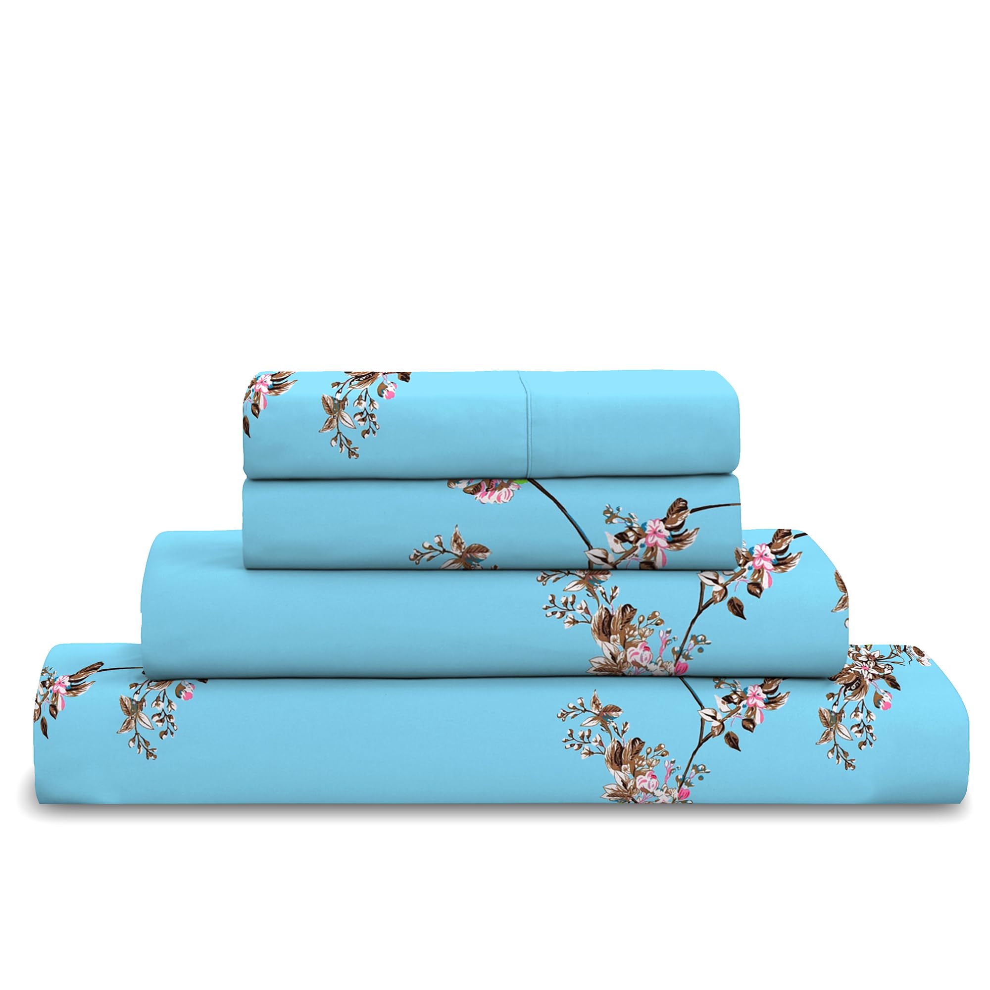 Cotton Comfort Bedding 4PC Floral Printed Bed Sheet Set Double – 100% Egyptian Cotton 400 Thread Count | Includes 1 Fitted Sheet, 1 Flat Sheet & 2 Pillowcases | Luxury Floral Cotton Bedding