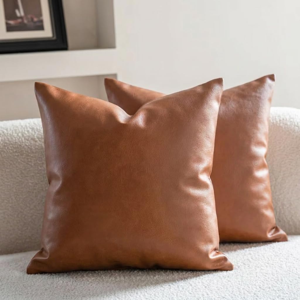 Neelvin Faux Leather Decorative Throw Pillow Covers Modern Solid 20x20 inch Set of 2 Pillowcase Cushion Case for Bed Sofa Couch Brown（No Edging）