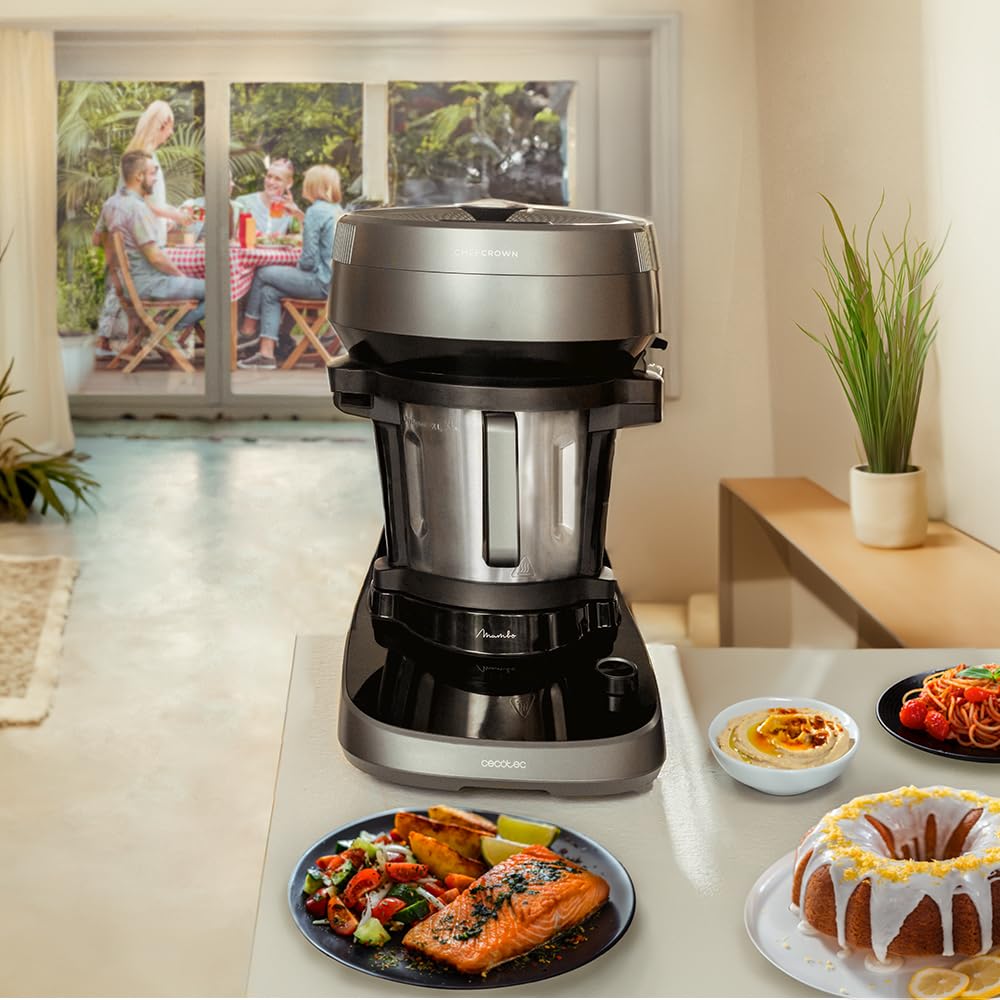 Cecotec Robot da Cucina Multifunzione con dispenser alimentare Mambo CooKing Unique. 2200 W, 45 funzioni, migliaia di ricette guidate, brocca unica da 5 l, accessori: vaporiera o pala per stufati