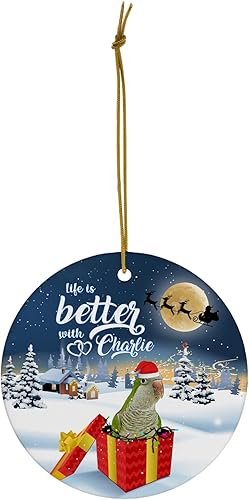 Miniatura 2 de Life is Better with Green Quaker Parrot Adornos de Navidad con nombre personalizado 2024 Círculo Blanco Cerámica para dueños de mascotas Regalos