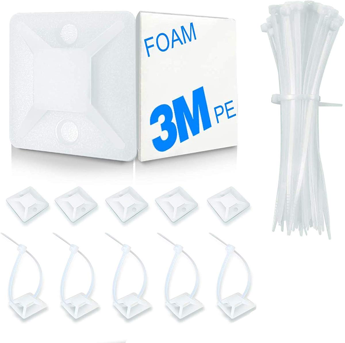 Beibi Cable Tie Mounts - Zip Tie Adhesive-Backed Mounts with Screw Hole Anchor, Tie Wire Clips Holder - White