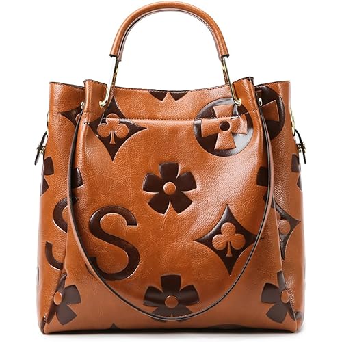 Women's Top Handle Handbags Leather Tote Bag for Women Trendy Bucket Bag Floral Embossed Shoulder Satchel Purses