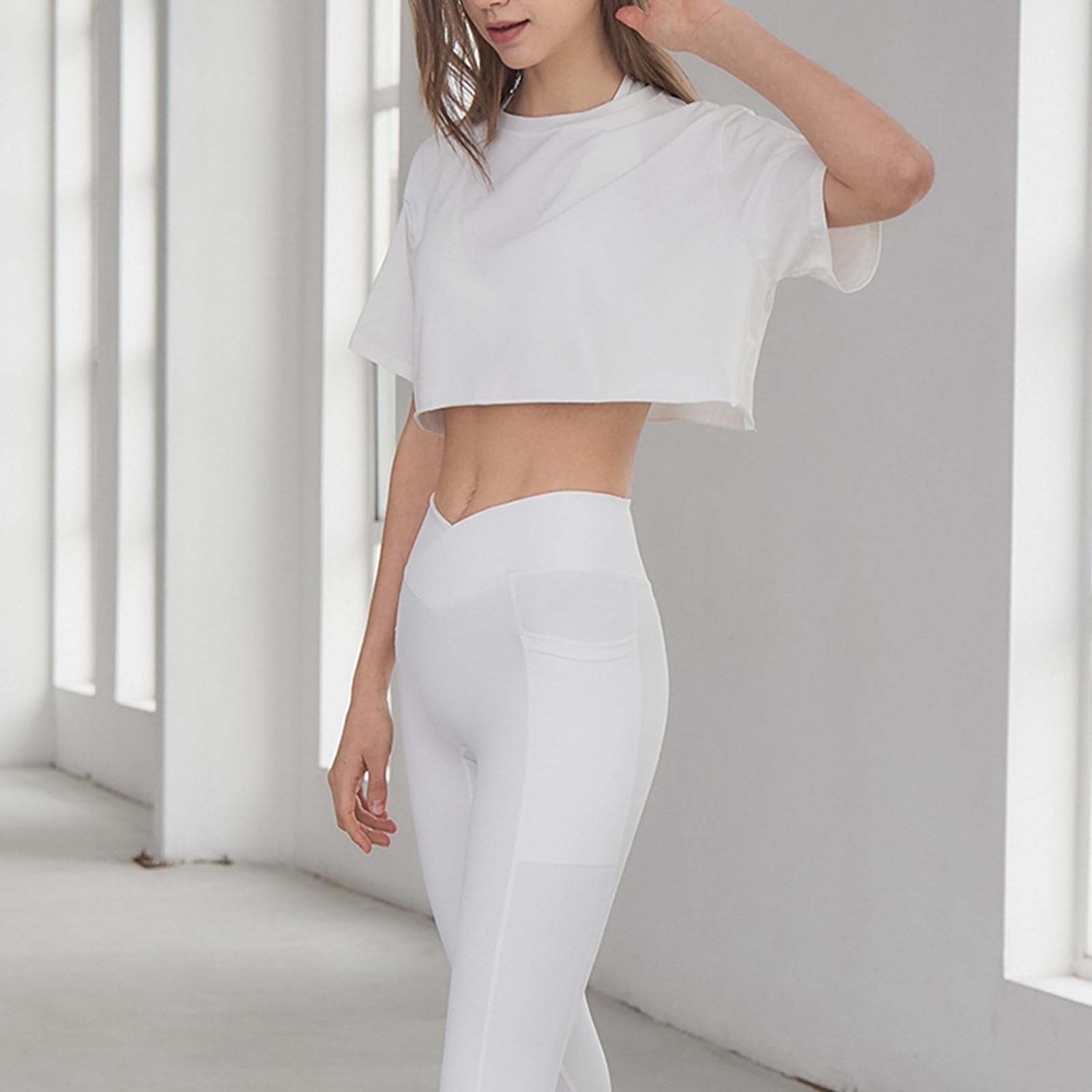 Damskie Sportowe Topy Slim Fit PrzycięTe Topy Do Jogi T Shirt Cover Ups,White,S