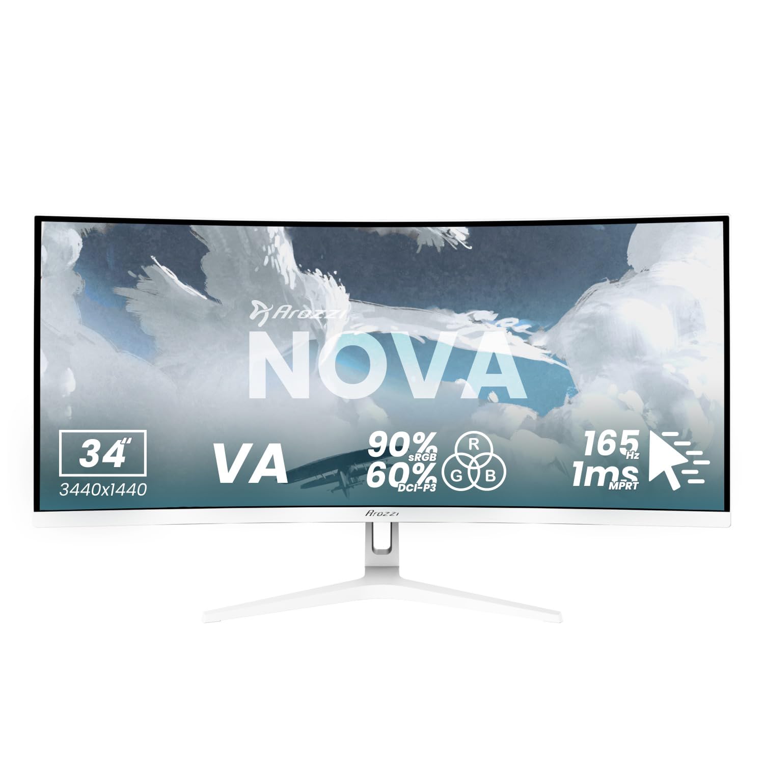 Arozzi Nova 34" Monitor Gaming Curvo Va Uwqhd 3440×1440, 165 Hz, 1 Ms, Freesync, Hdr, Ultrapanorámico, Altavoces Integrados – White