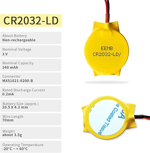 Miniatura 2 de EEMB Paquete de 10 baterías CMOS CR2032 de 3 V con cables de cable y conector MOLEX Batería de repuesto para computadora Alienware M11 Dell E6520