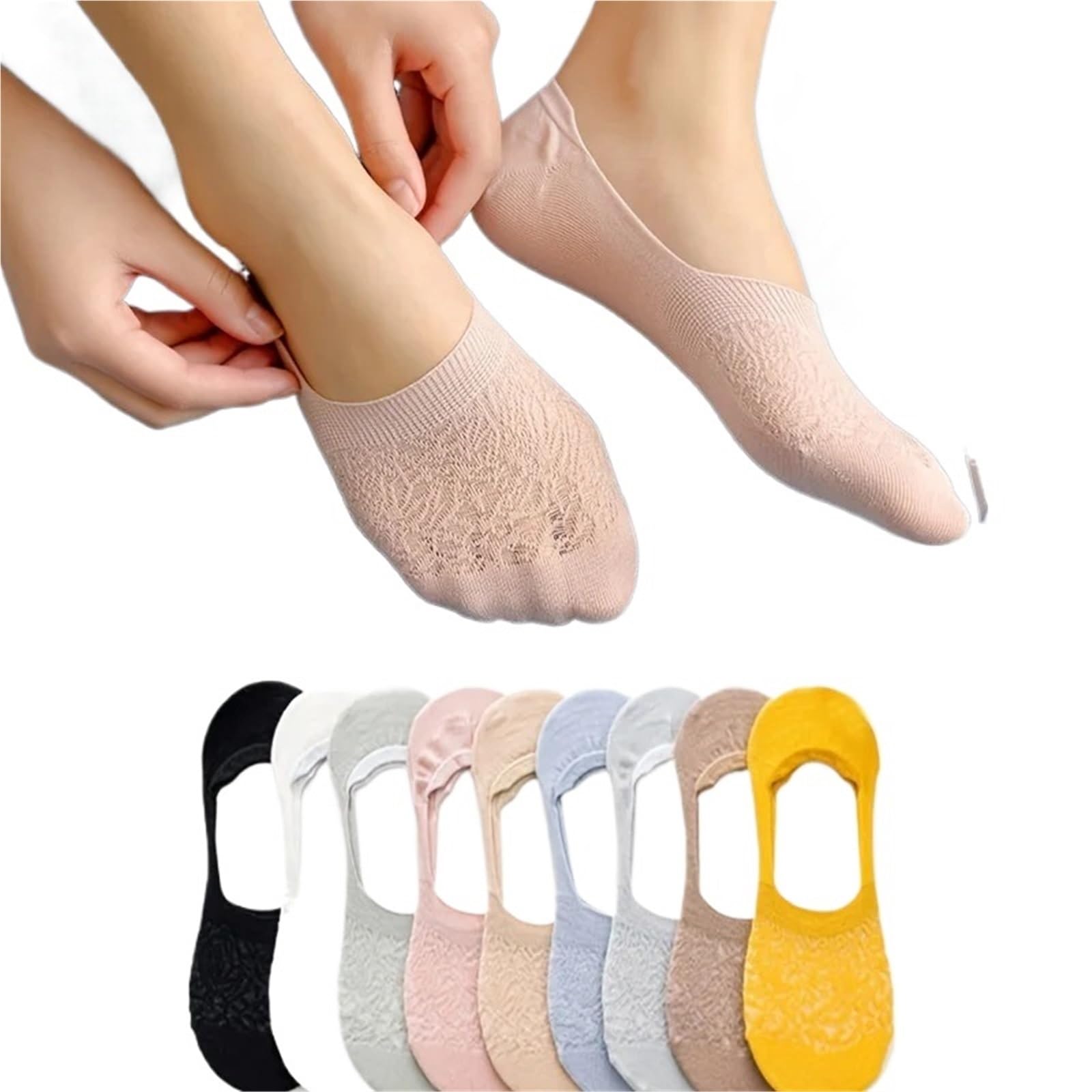 Calcetines de Encaje 9 Pairs Invisible Socks, Breathable Cotton Boat, No Show & Liner, Women's Stockings & Hosiery