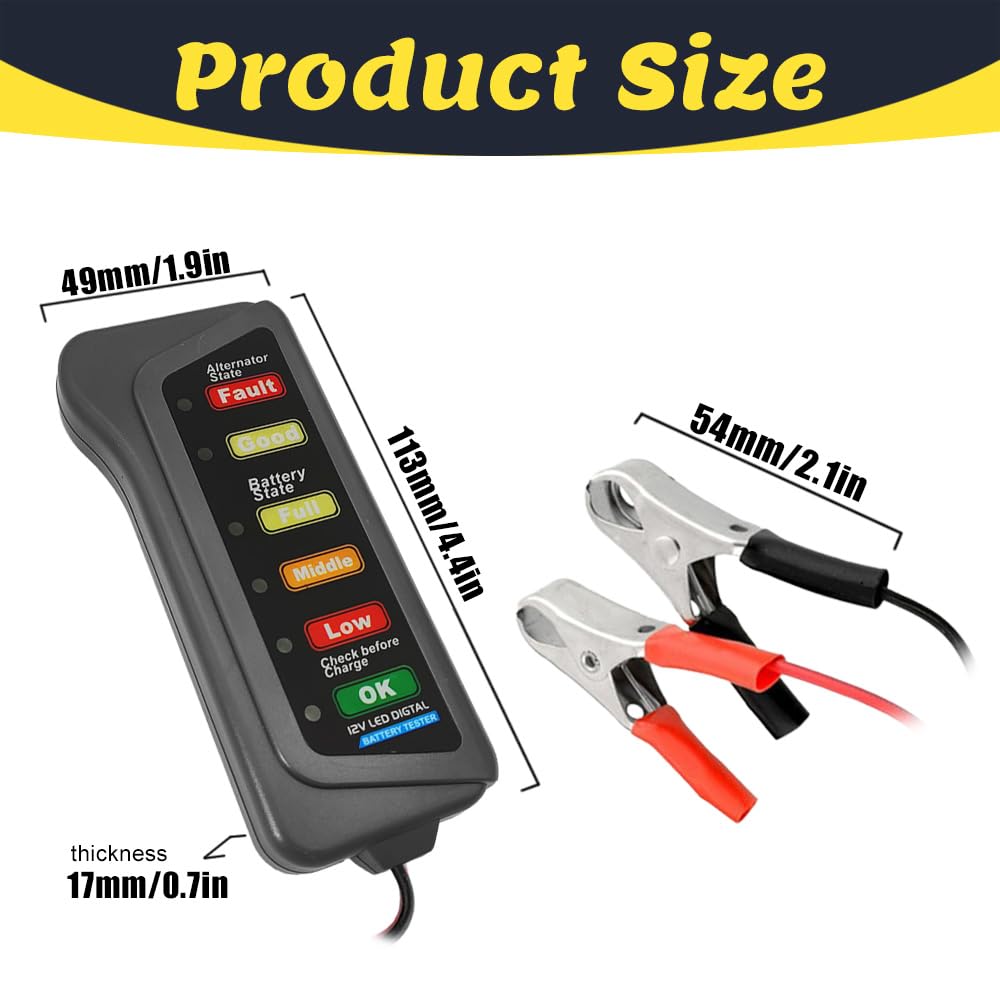 WINUERK 12V Car Battery Tester and Alternator Tester, Automotive Load Tester Indicator, 12 Volt Auto Check for Automobile