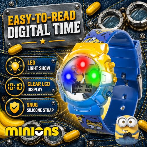 Image of Minions Kids Watch - Flashing Dial Lights, LCD Display, Adjustable Comfortable Strap, Collectible Tin - Perfect for Boys and Girls