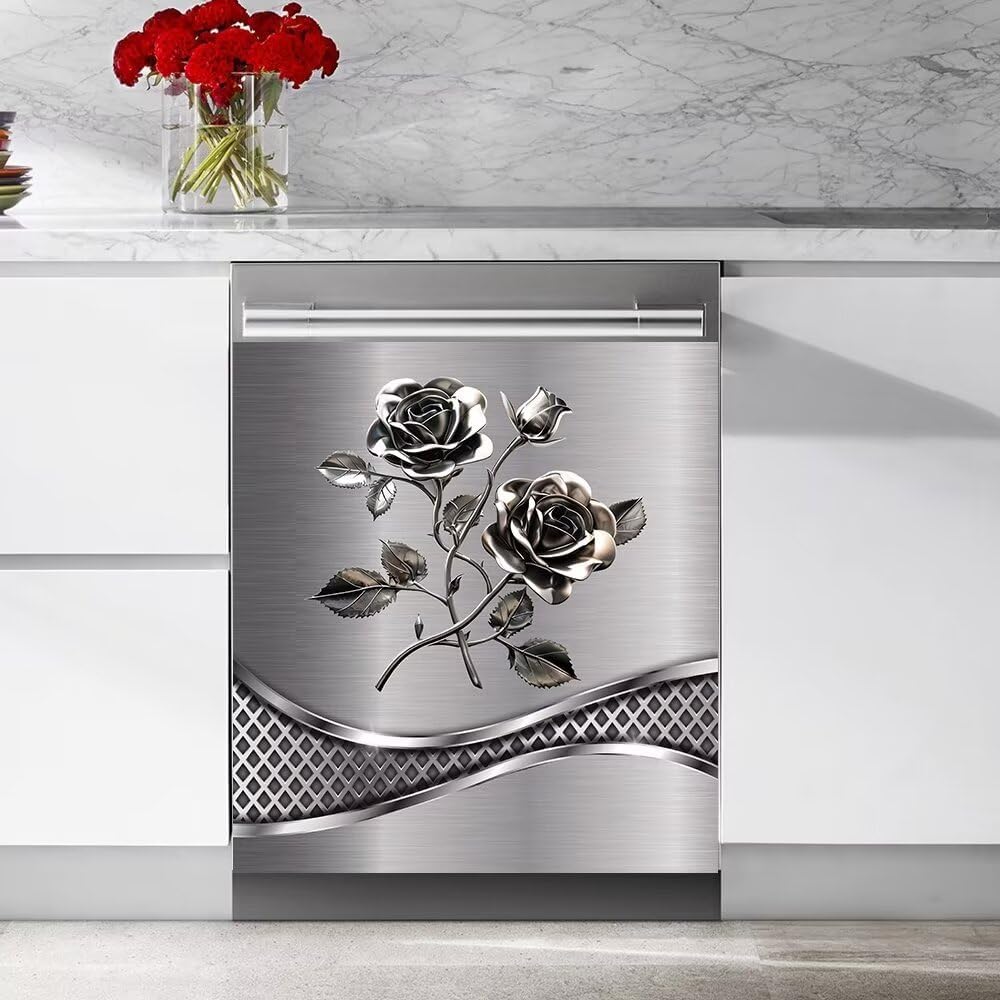 Imitation Stainless Steel Design Flower Pattern Magnet Dishwasher Cover Sticker,Kitchen Decor Refrigerator Magnets Decorative Fridge Magnetic Vinyl Panel 23Wx26H inch Stainless Steel 19 23 W x 26 H inches(Magnetic)