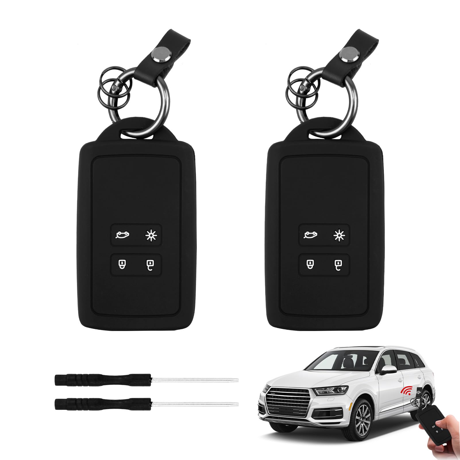 2 étuis Silicone Souple Pour Clé Voiture Renault - Noir Avec Porte-clés - Compatible Clio, Espace, Mégane, Etc.