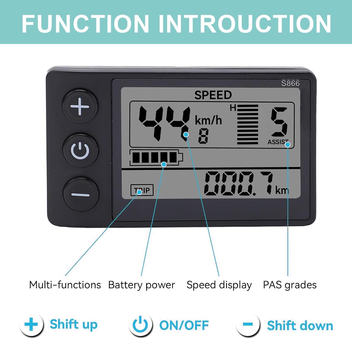 Electric Bikes LCD Display, S866 Electric Bicycle LCD Display Meter, 24V 36V 48V Cycling Odometer Control Panel with Plug for E-Bike Scooter Modification