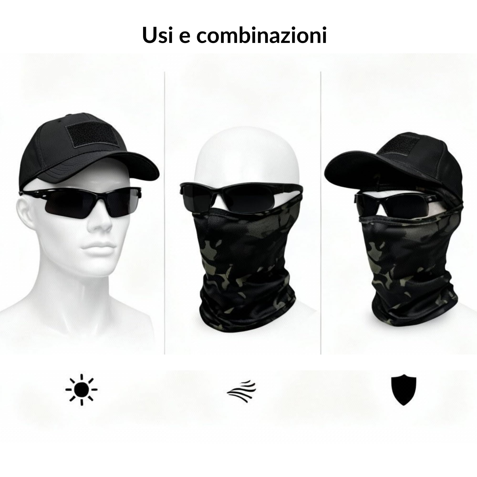 Sibo - Set Outdoor (3 Pezzi): Berretto tattico con Velcro + Occhiali Outdoor + Balaclava Elastico e Traspirante per Airsoft, Paintball, Caccia, Trekking, Ciclismo, Running, Sci