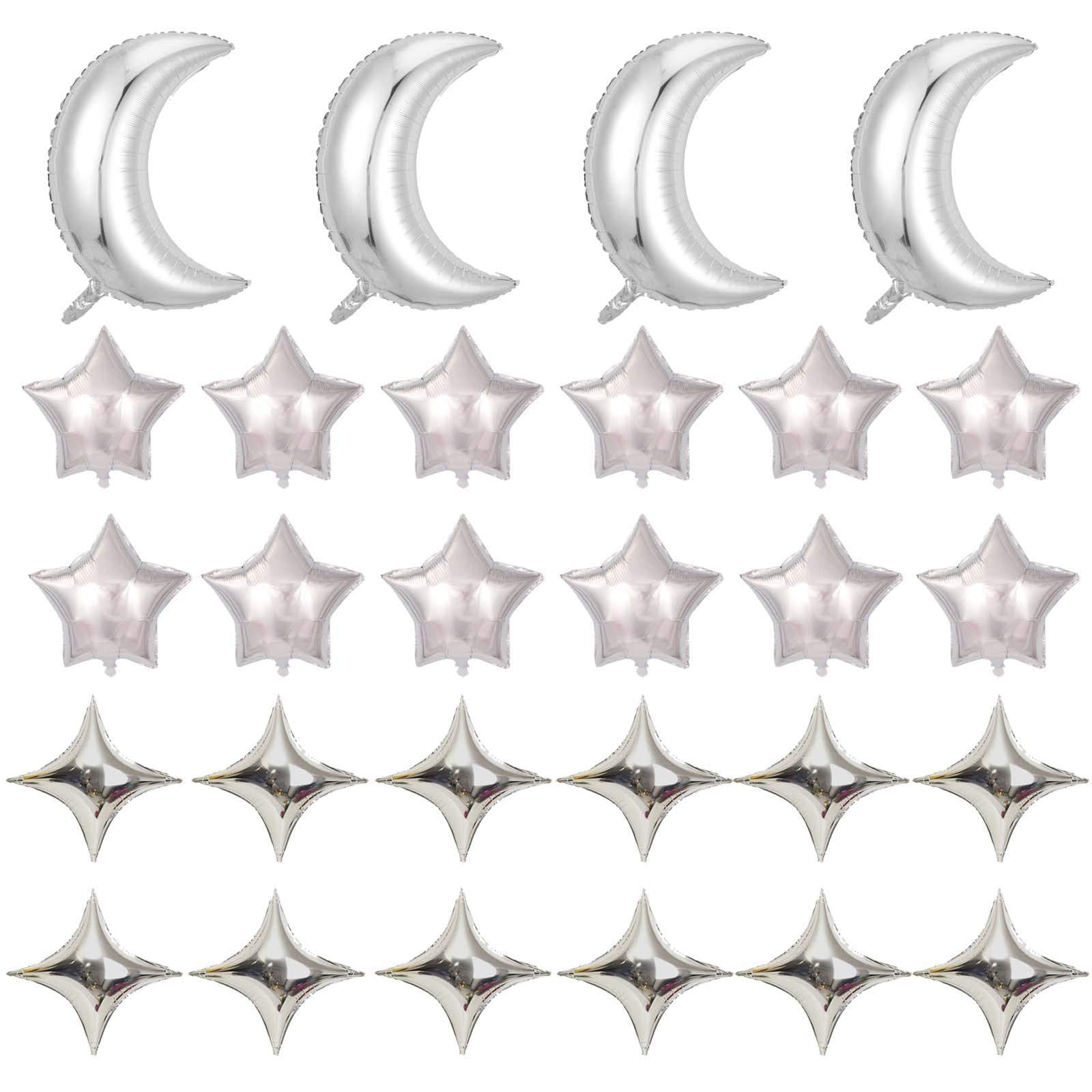 BIEUFBJI 28Pcs Silver Moon Star Shape Foil Balloons with 24Pcs Silver Star Balloons and 4Pcs Large Moon Foil Balloons for Baby Shower Wedding Decors