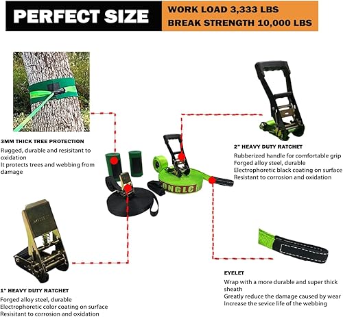 Miniatura 3 de LONGLC Slackline Kit  Longer 57 ft Line with Training Line  Tree Protectors, Arm Trainervand Carry Bag  Tight Rope Slack Lines for Backyard