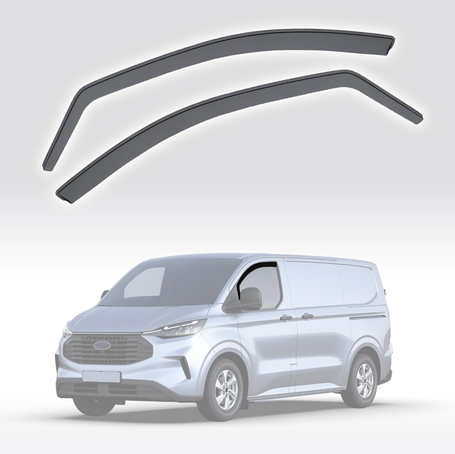 Set di 2 deflettori anteriori per finestrini auto, compatibili con Ford Transit Custom | Dal 2024+ | 2 pezzi | Colore fumoso scuro