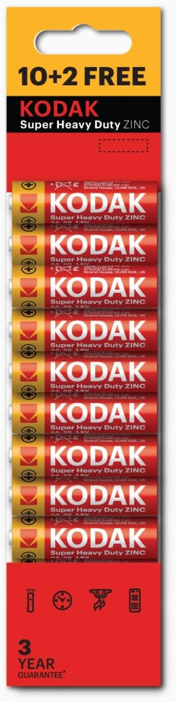 KODAK Super Heavy Duty 12-Pack AA Batteries, Double A Battery Pack, Carbon Zinc 1.5V, 3-Year Shelf Life, Disposable Household Batteries for Low-Drain Devices, R6P, Blister Packed (10+2 Count)